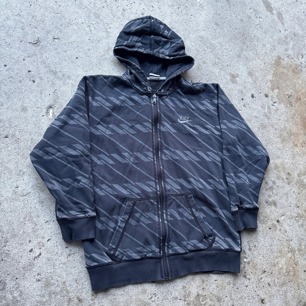 Nike Sportswear Boys Large Zip Up Hoodie Black Gray Diagonal Stripe Pattern